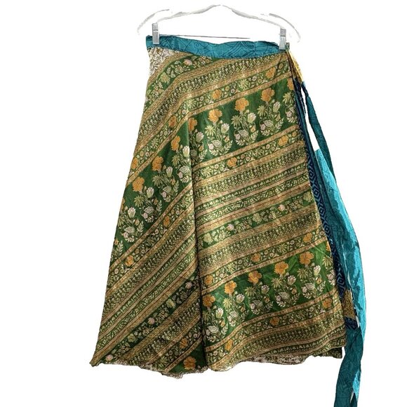 Women Wrap Skirt One Size XL Multicolor Green Layered Made in India 5-40 - Picture 3 of 10